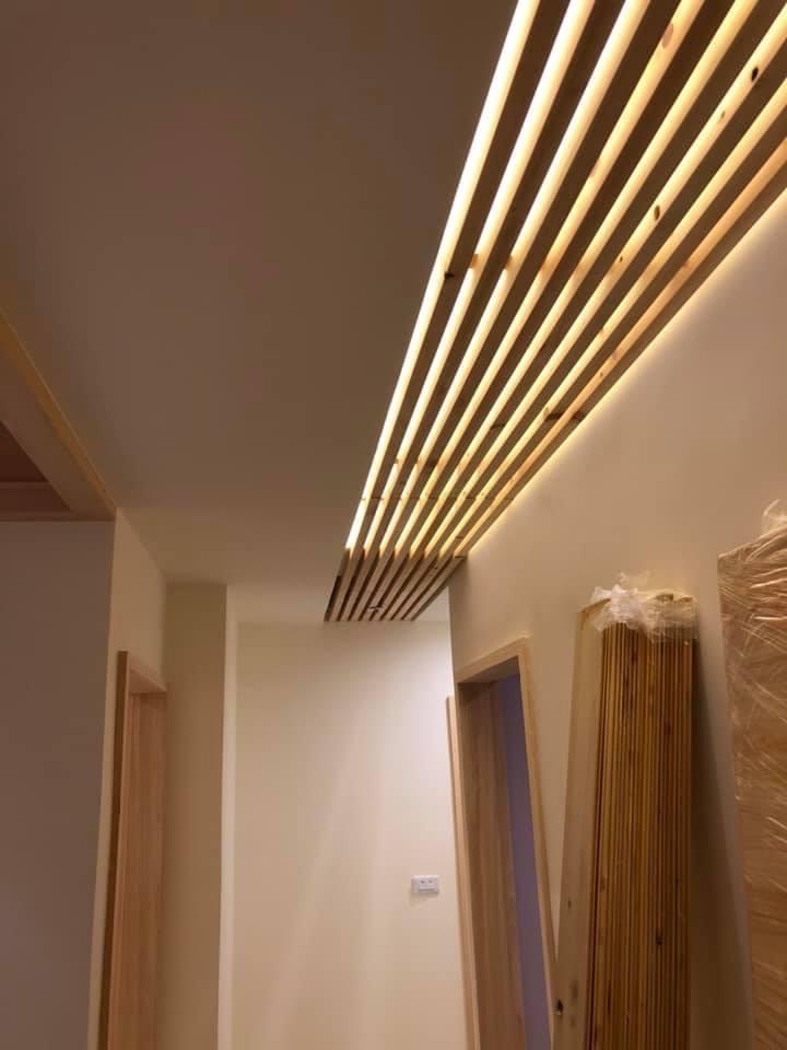 Wood slat ceiling with indirect lighting